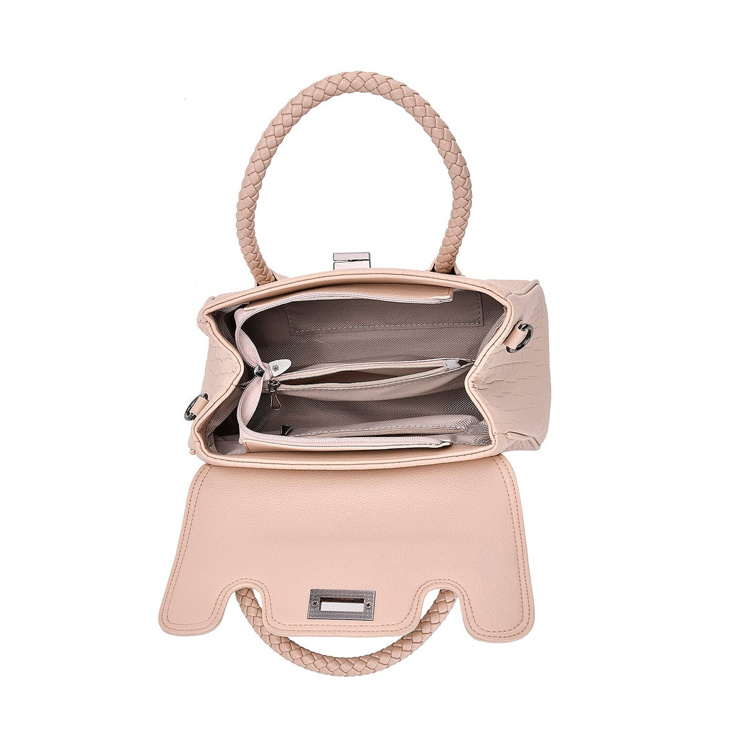 Croc Embossed Crossbody Bag with Lock & Top Handle - Beige