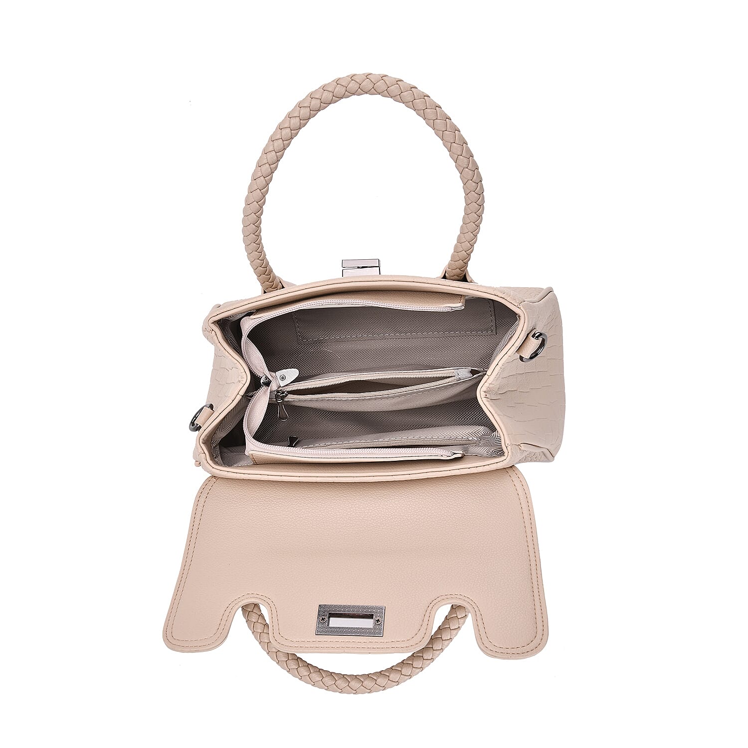 Croc Embossed Crossbody Bag with Lock & Top Handle - Beige