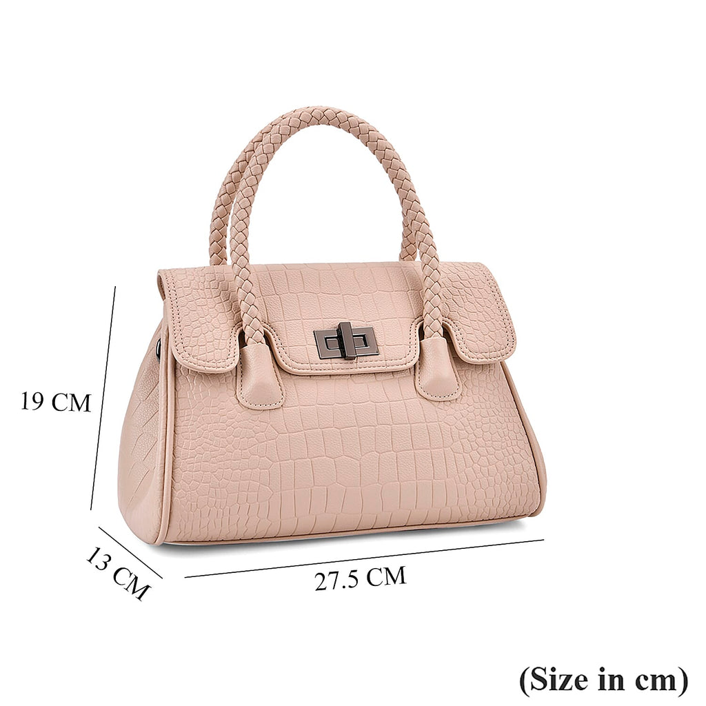 Croc Embossed Crossbody Bag with Lock & Top Handle - Beige