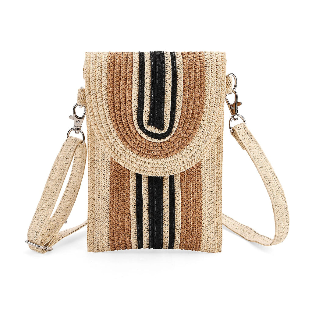 Bohemian Style Casual Summer Straw Crossbody Phone Bag with Striped Pattern - Beige & Khaki