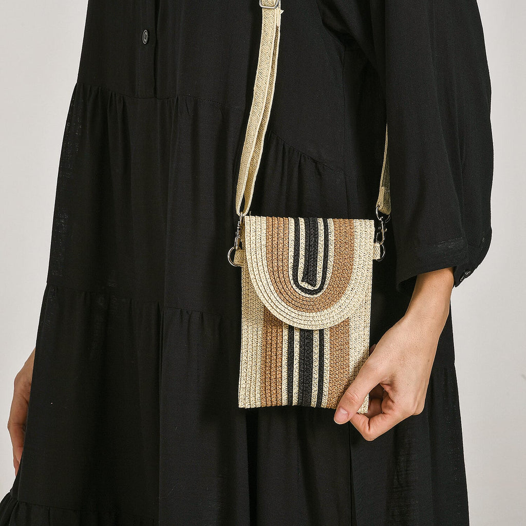 Bohemian Style Casual Summer Straw Crossbody Phone Bag with Striped Pattern - Beige & Khaki