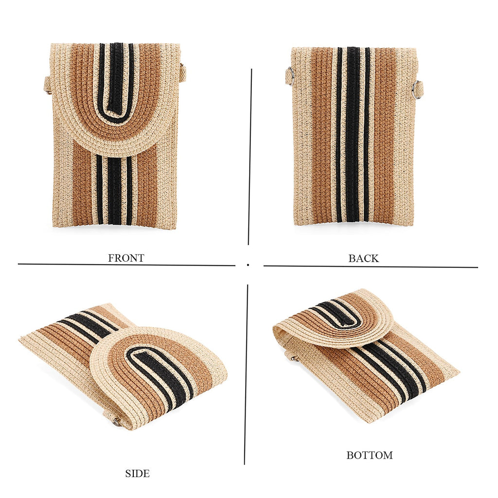 Bohemian Style Casual Summer Straw Crossbody Phone Bag with Striped Pattern - Beige & Khaki