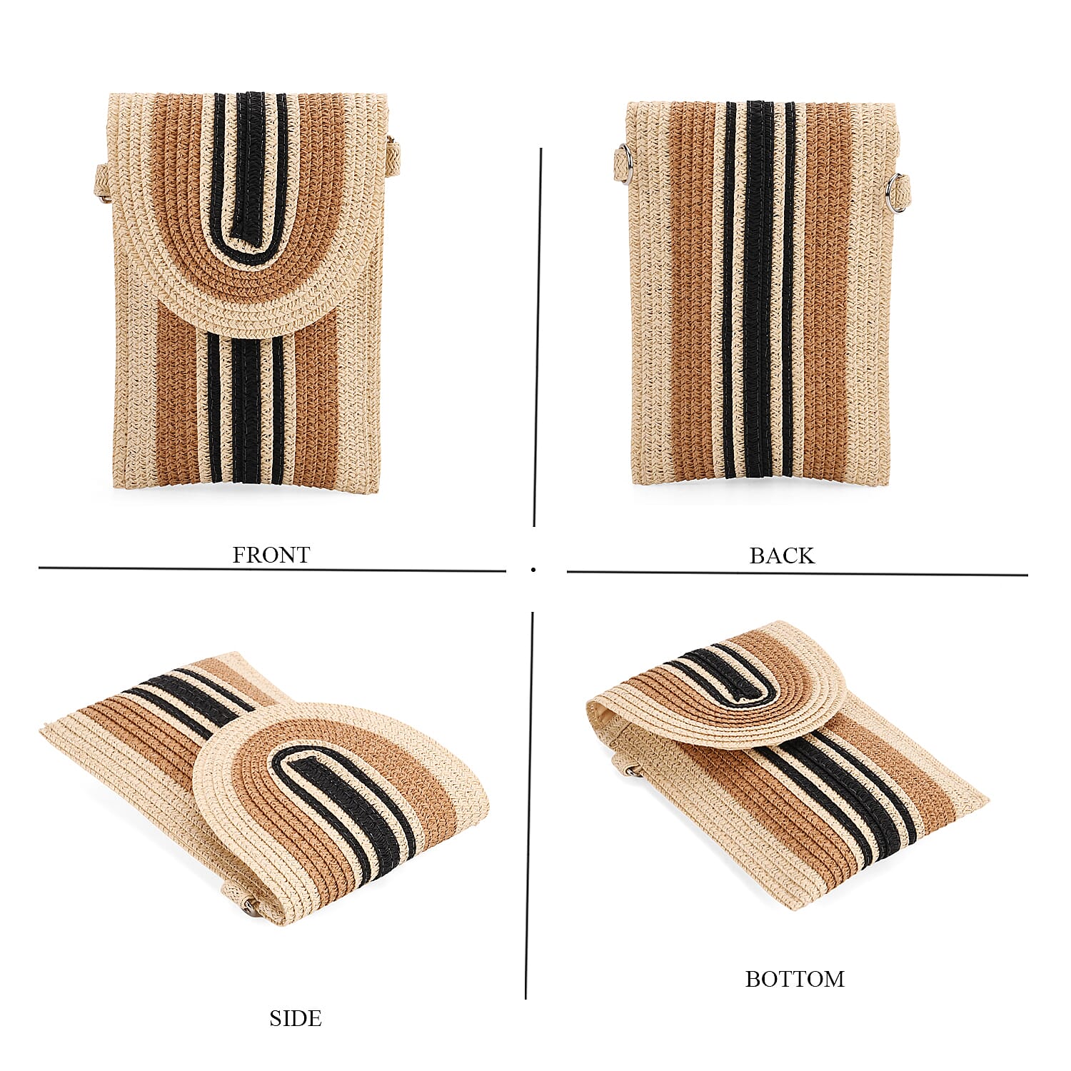 Bohemian Style Casual Summer Straw Crossbody Phone Bag with Striped Pattern - Beige & Khaki