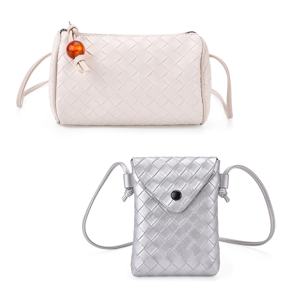 Set of 2 Womens Quilted Mini Handbag - Light Cream - Silver