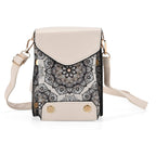Embroidered Crossbody Bag with Long Adjustable Strap - Light Grey & Cream