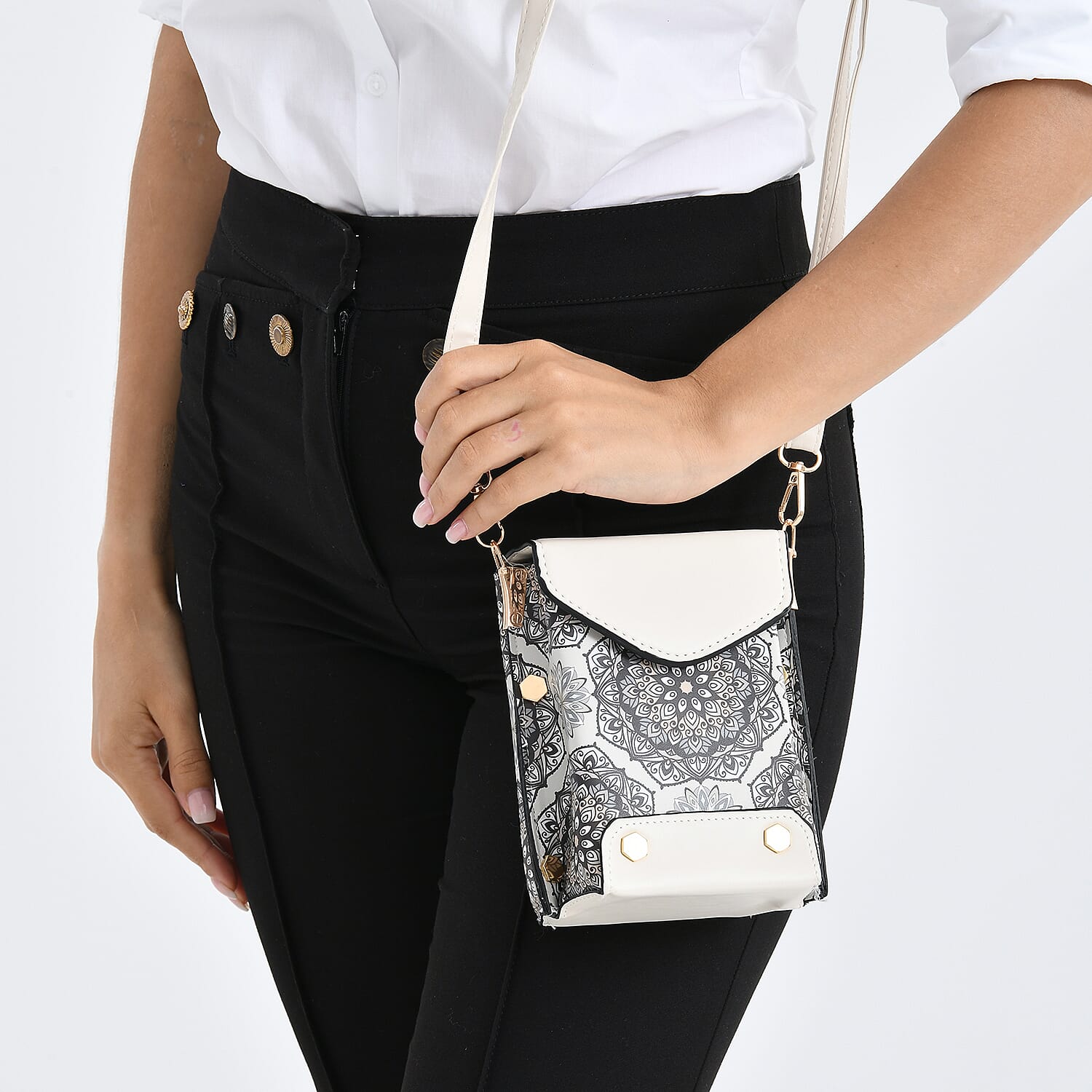 Embroidered Crossbody Bag with Long Adjustable Strap - Light Grey & Cream