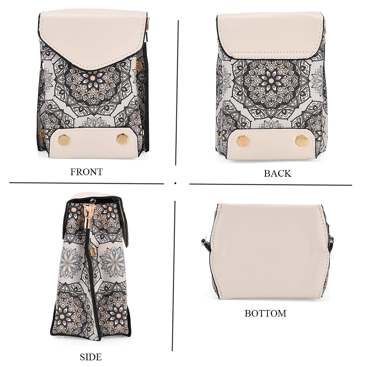 Embroidered Crossbody Bag with Long Adjustable Strap - Light Grey & Cream
