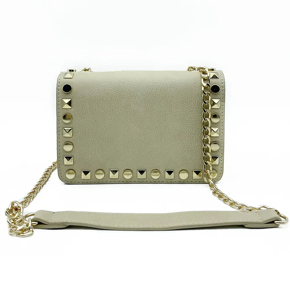 Designer Studded Mini Crossbody Bag with Chain Strap - Beige