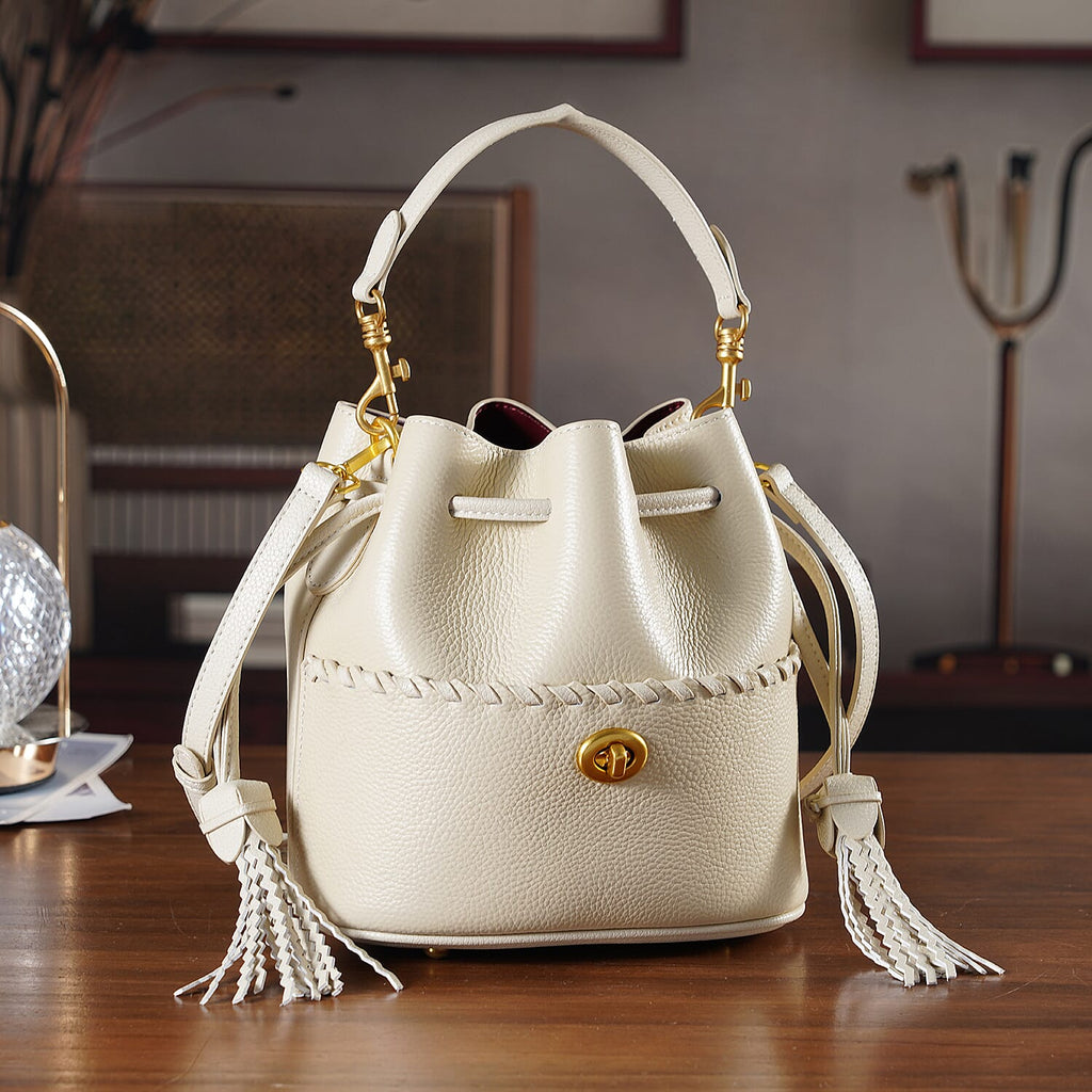 THE AURELLE - Designer Inspired 100%  Genuine Leather Crossbody Sinch Bag with Removable Top-Handle, Embedded Fabric Pouch And Gold-Tone Hardware - Beige