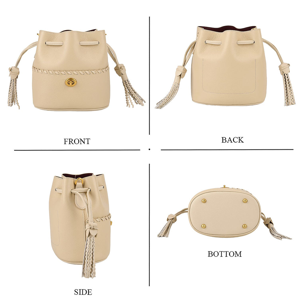 THE AURELLE - Designer Inspired 100%  Genuine Leather Crossbody Sinch Bag with Removable Top-Handle, Embedded Fabric Pouch And Gold-Tone Hardware - Beige