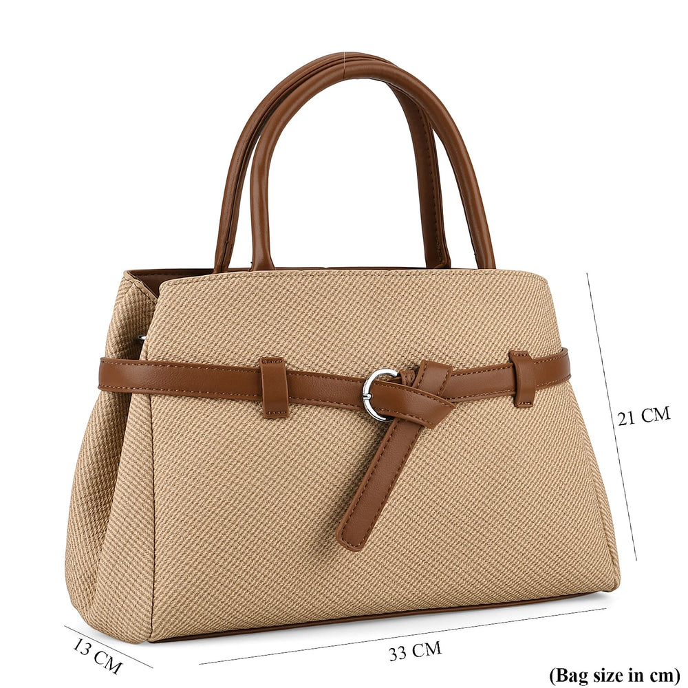 Designer Inspired Satchel-Style Handbag with Belt Detail - Beige