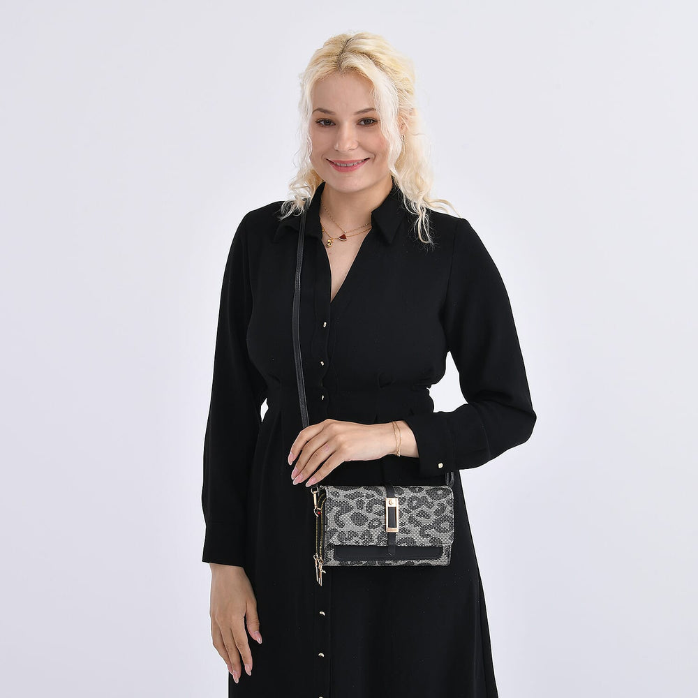Designer Inspired - Leopard Pattern Crossbody Bag - Black