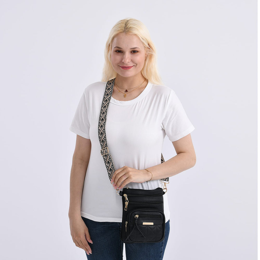 THE PRIME EVENT LAUNCH - Designer Inspired High quality Quilted Crossbody Bag with Geometric Pattern Strap MULTI POCKETS - Black