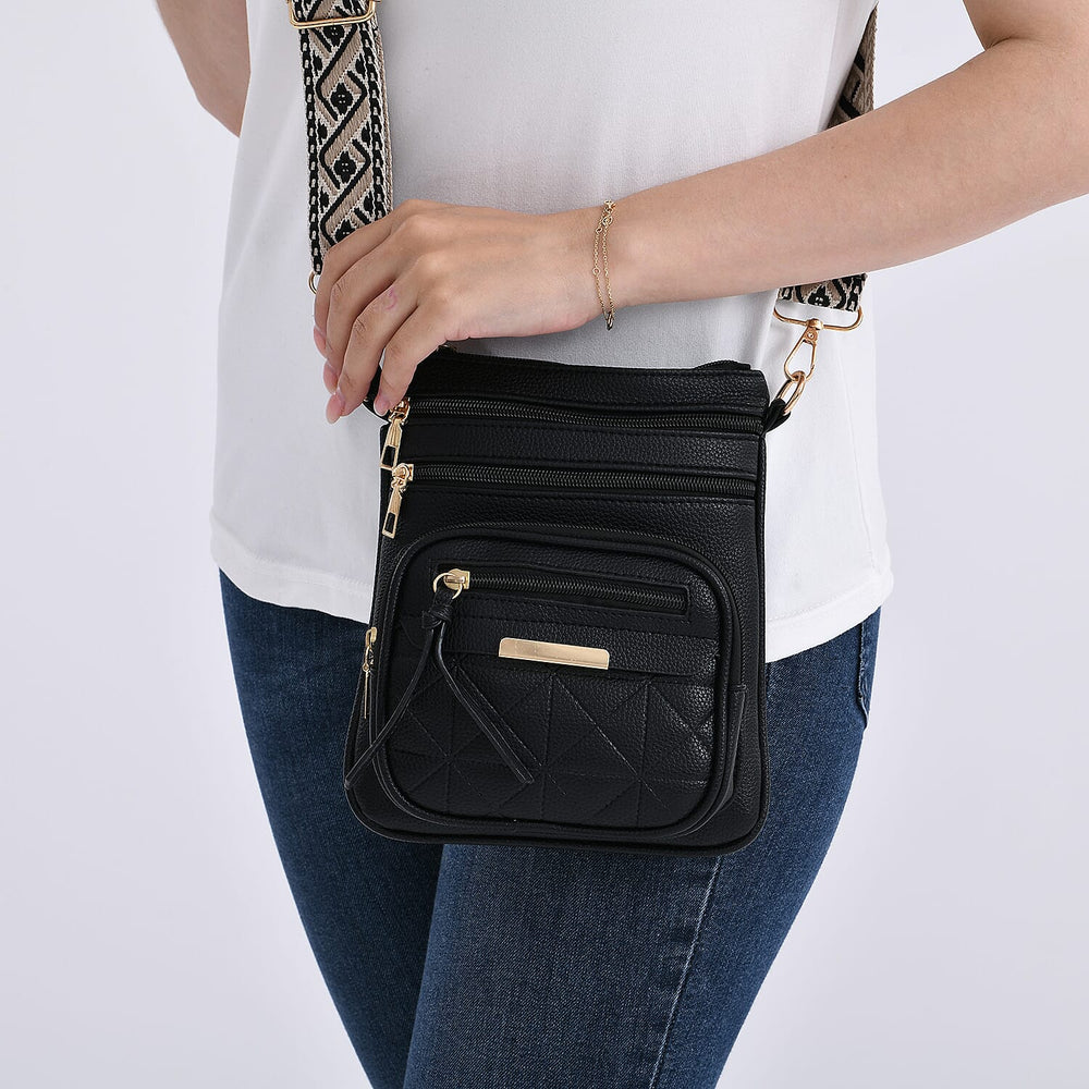 THE PRIME EVENT LAUNCH - Designer Inspired High quality Quilted Crossbody Bag with Geometric Pattern Strap MULTI POCKETS - Black