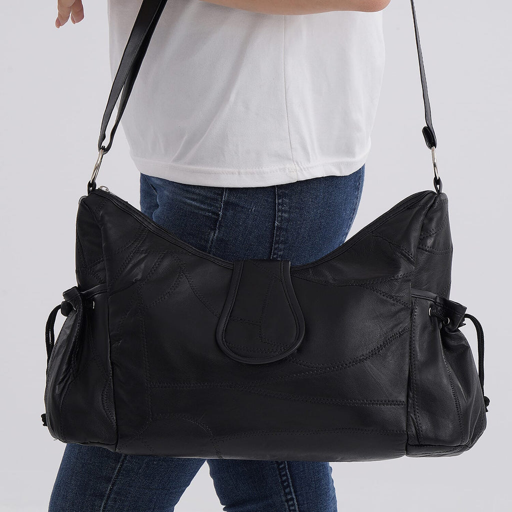 Genuine Leather Slouchy Shoulder Bag with Side Drawstring Pockets - Black