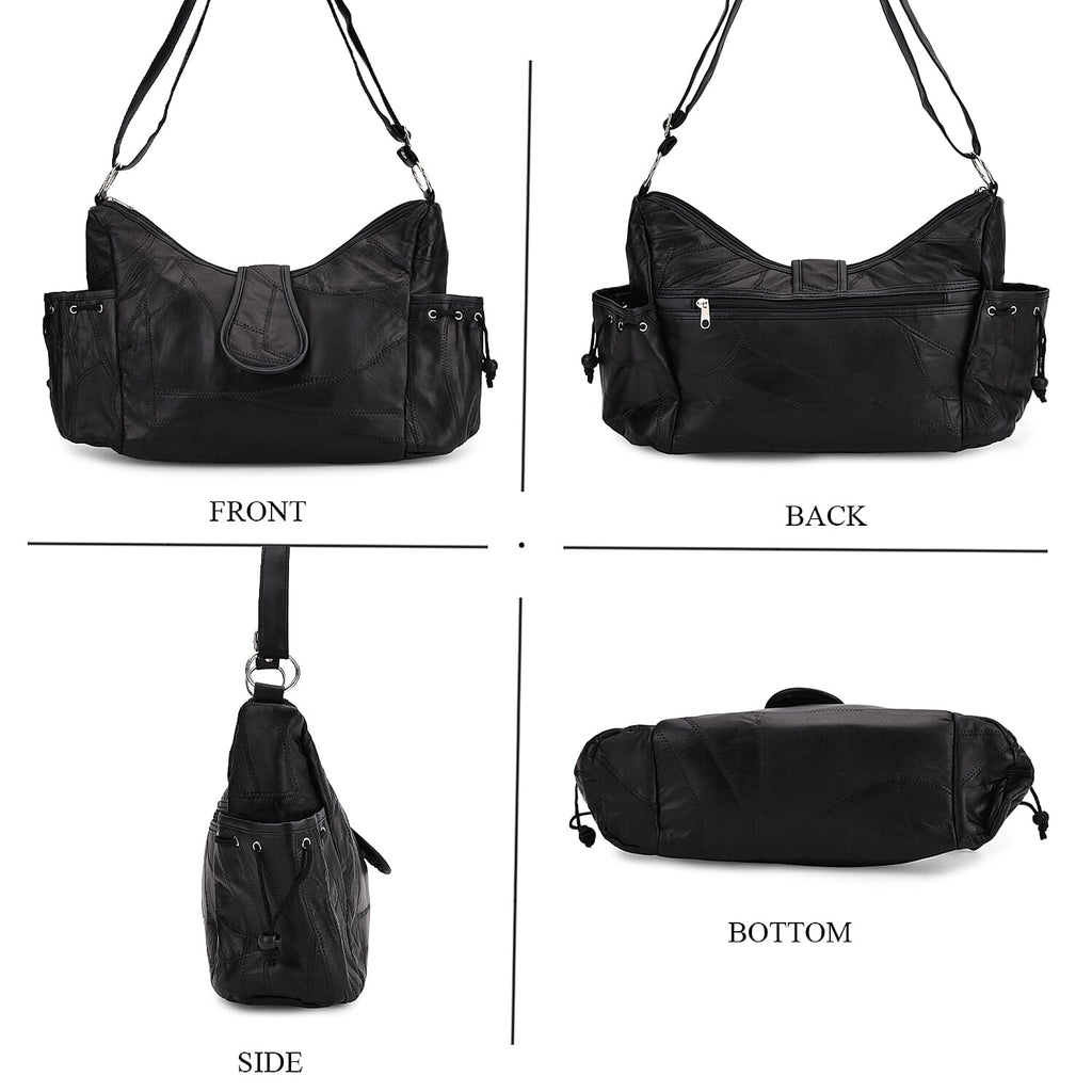 Genuine Leather Slouchy Shoulder Bag with Side Drawstring Pockets - Black