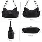 Genuine Leather Slouchy Shoulder Bag with Side Drawstring Pockets - Black