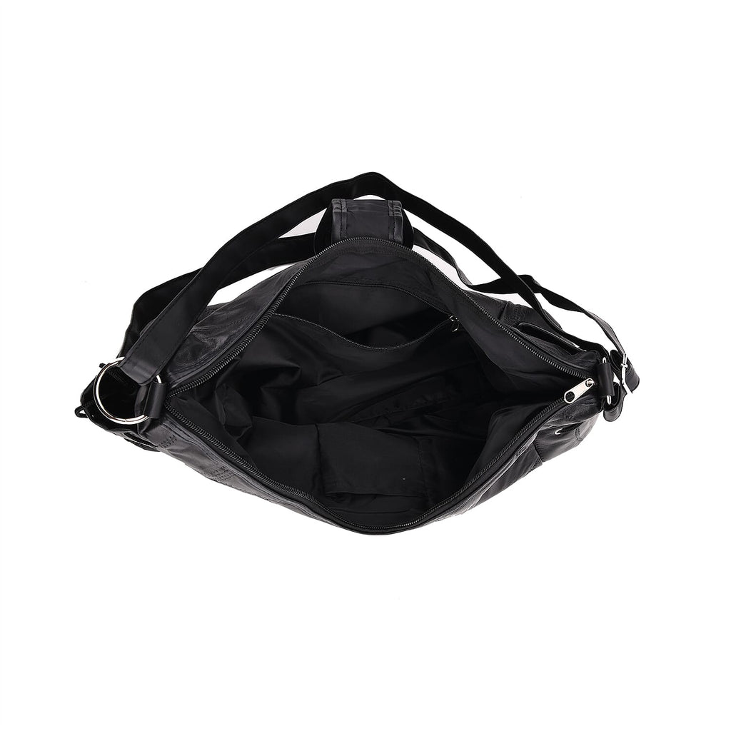 Genuine Leather Slouchy Shoulder Bag with Side Drawstring Pockets - Black