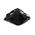 Genuine Leather Slouchy Shoulder Bag with Side Drawstring Pockets - Black