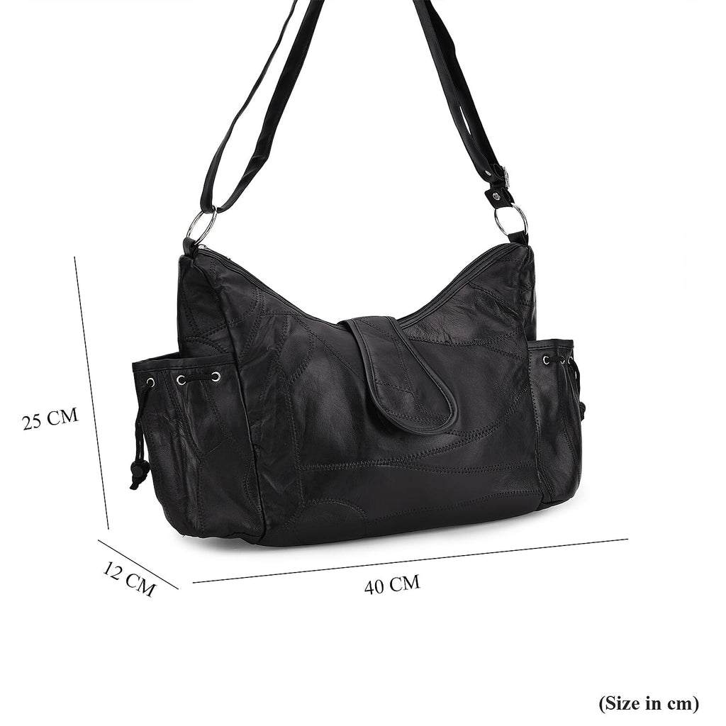 Genuine Leather Slouchy Shoulder Bag with Side Drawstring Pockets - Black