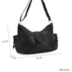 Genuine Leather Slouchy Shoulder Bag with Side Drawstring Pockets - Black