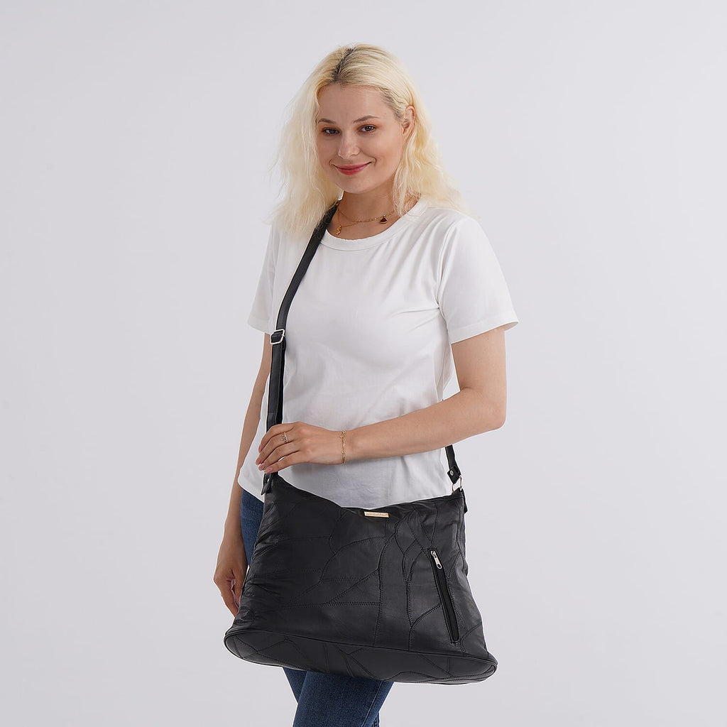 Styled By 100% Genuine Leather Large Crossbody Bag - Black