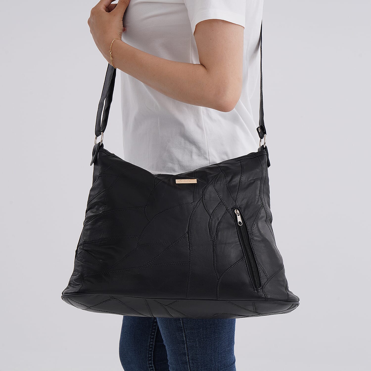 Styled By 100% Genuine Leather Large Crossbody Bag - Black