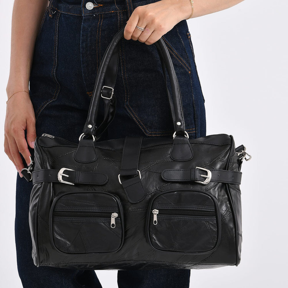 Genuine Leather Multi-Pocket Handbag - Everyday Lifestyle Bag - Black