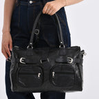 Genuine Leather Multi-Pocket Handbag - Everyday Lifestyle Bag - Black