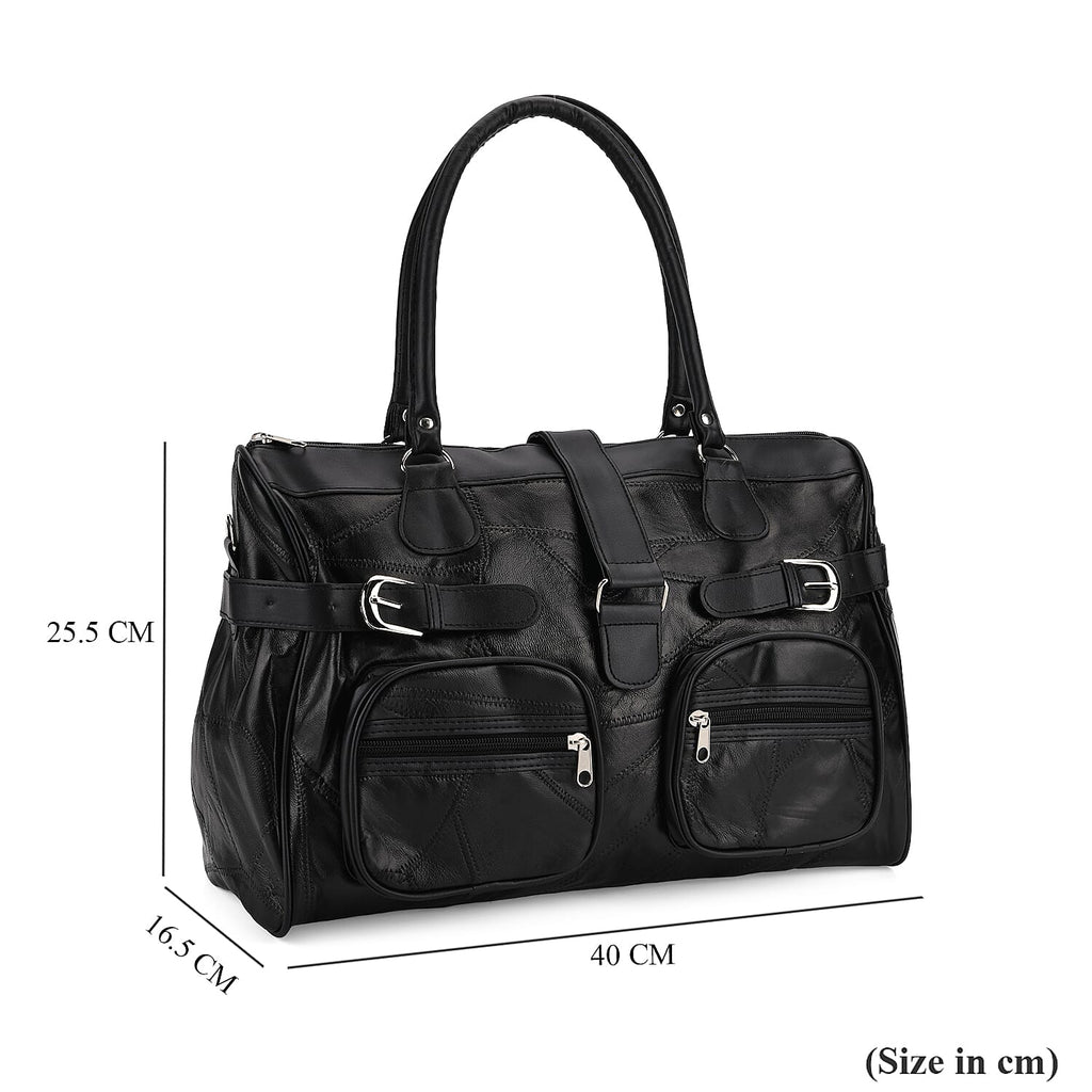 Genuine Leather Multi-Pocket Handbag - Everyday Lifestyle Bag - Black