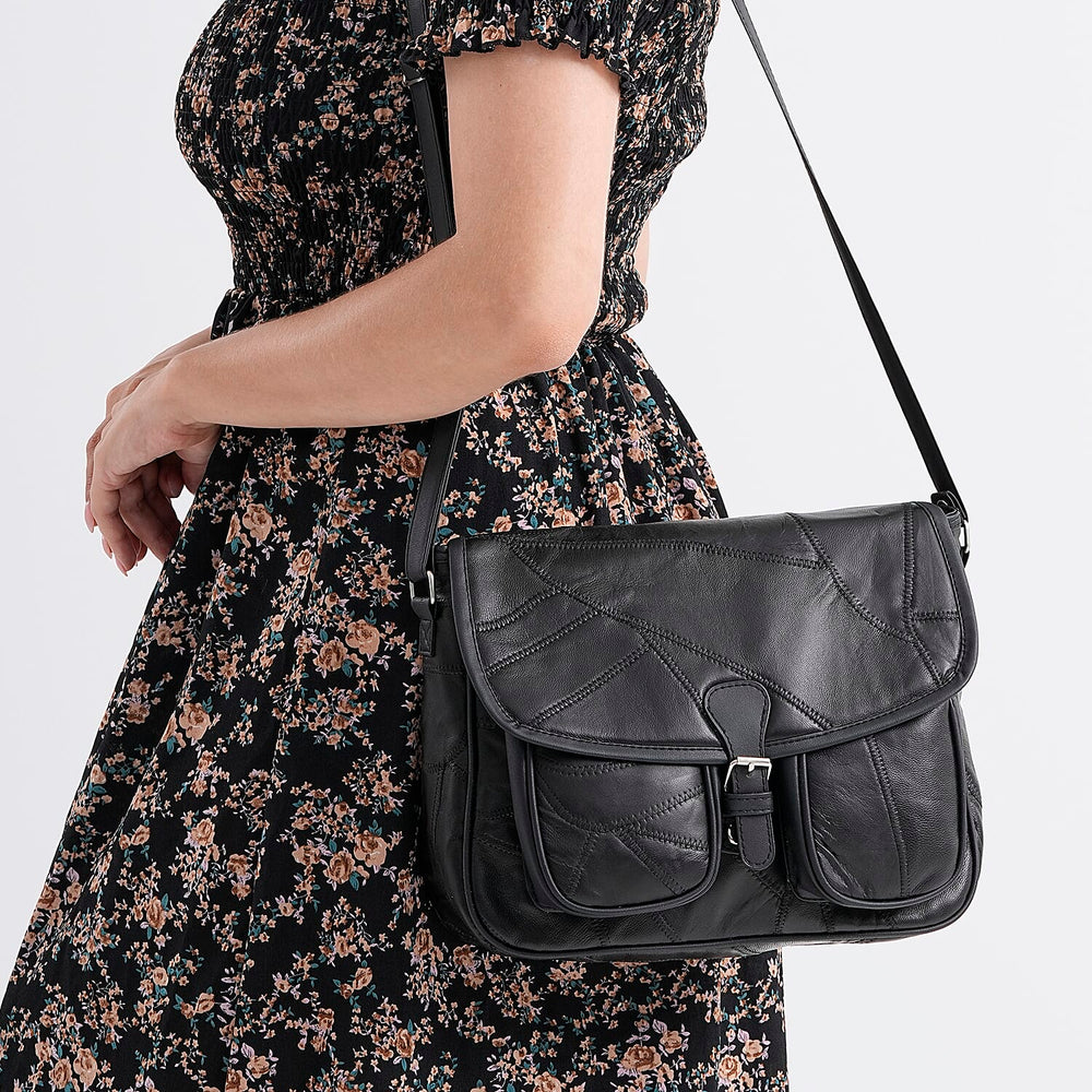 100% Leather Crossbody Bag with Adjustable Shoulder Strap - Black