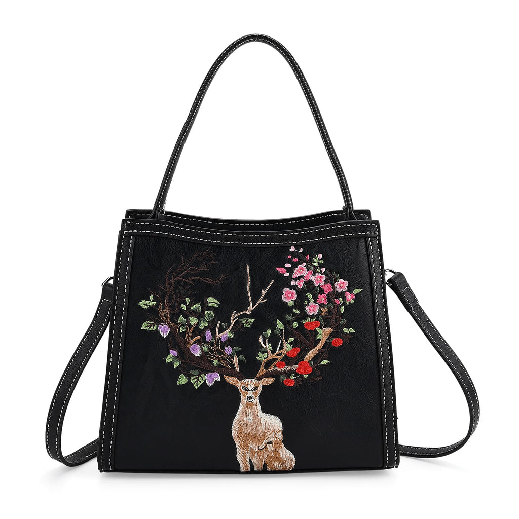 Floral Deer Embroidered Sling Handbag - Black