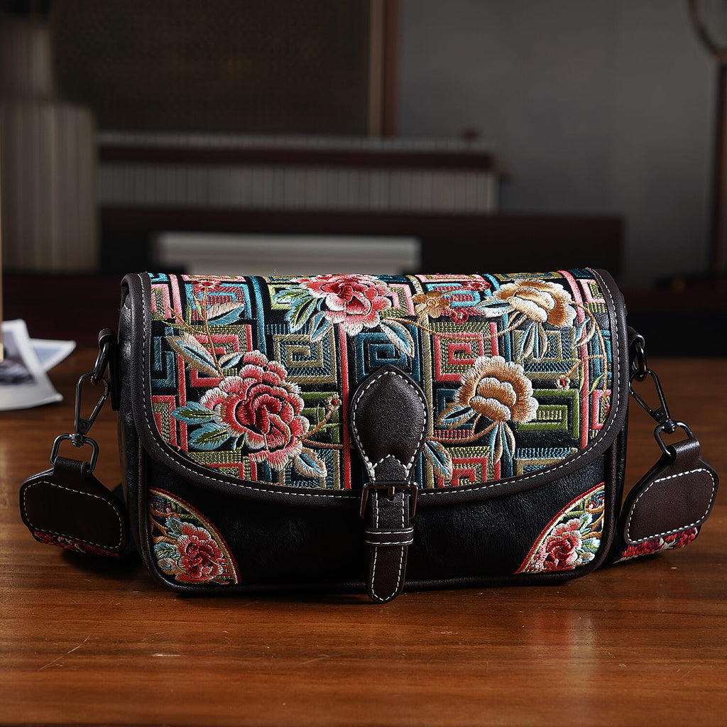 Floral Embroidered Sling Crossbody Bag - Black