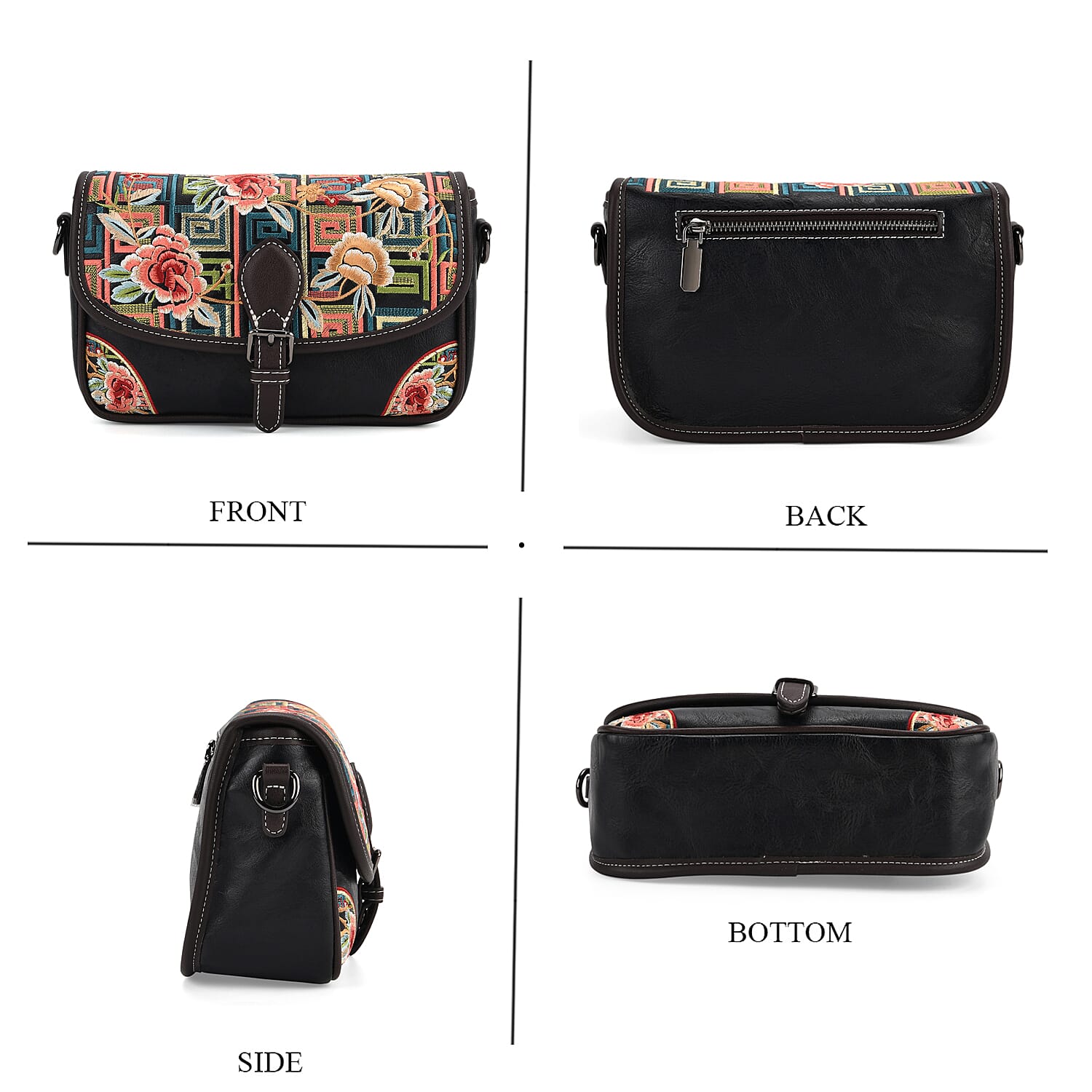 Floral Embroidered Sling Crossbody Bag - Black