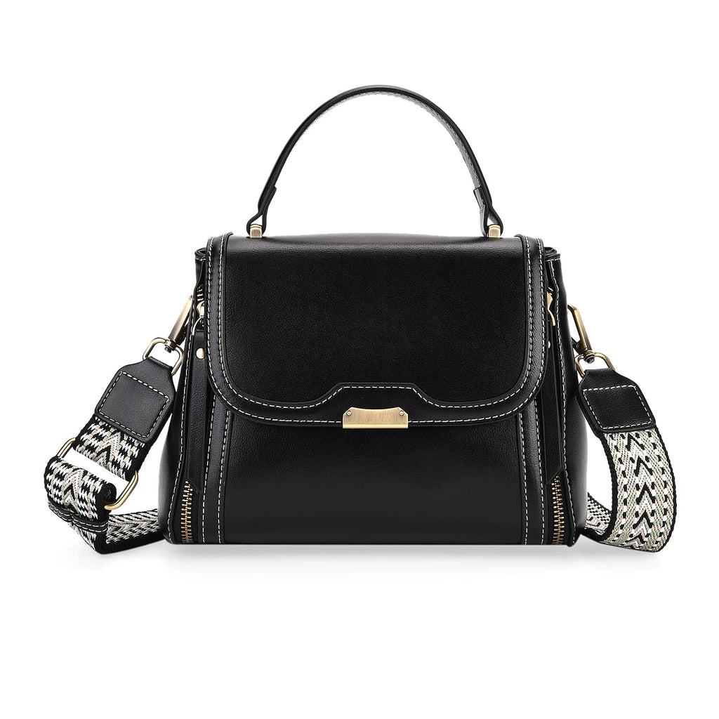 Genuine Leather Top Handle Satchel Bag with Adjustable Long Shoulder Straps - Black