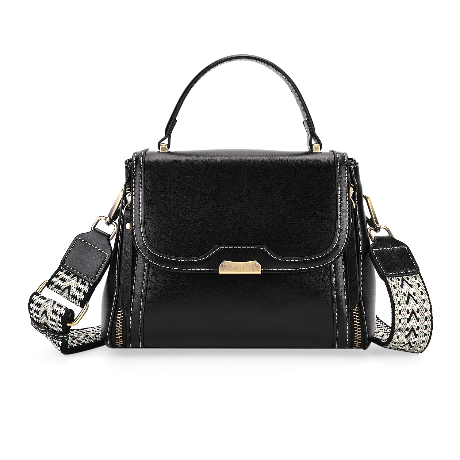 Genuine Leather Top Handle Satchel Bag with Adjustable Long Shoulder Straps - Black