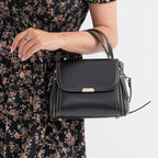 Genuine Leather Top Handle Satchel Bag with Adjustable Long Shoulder Straps - Black