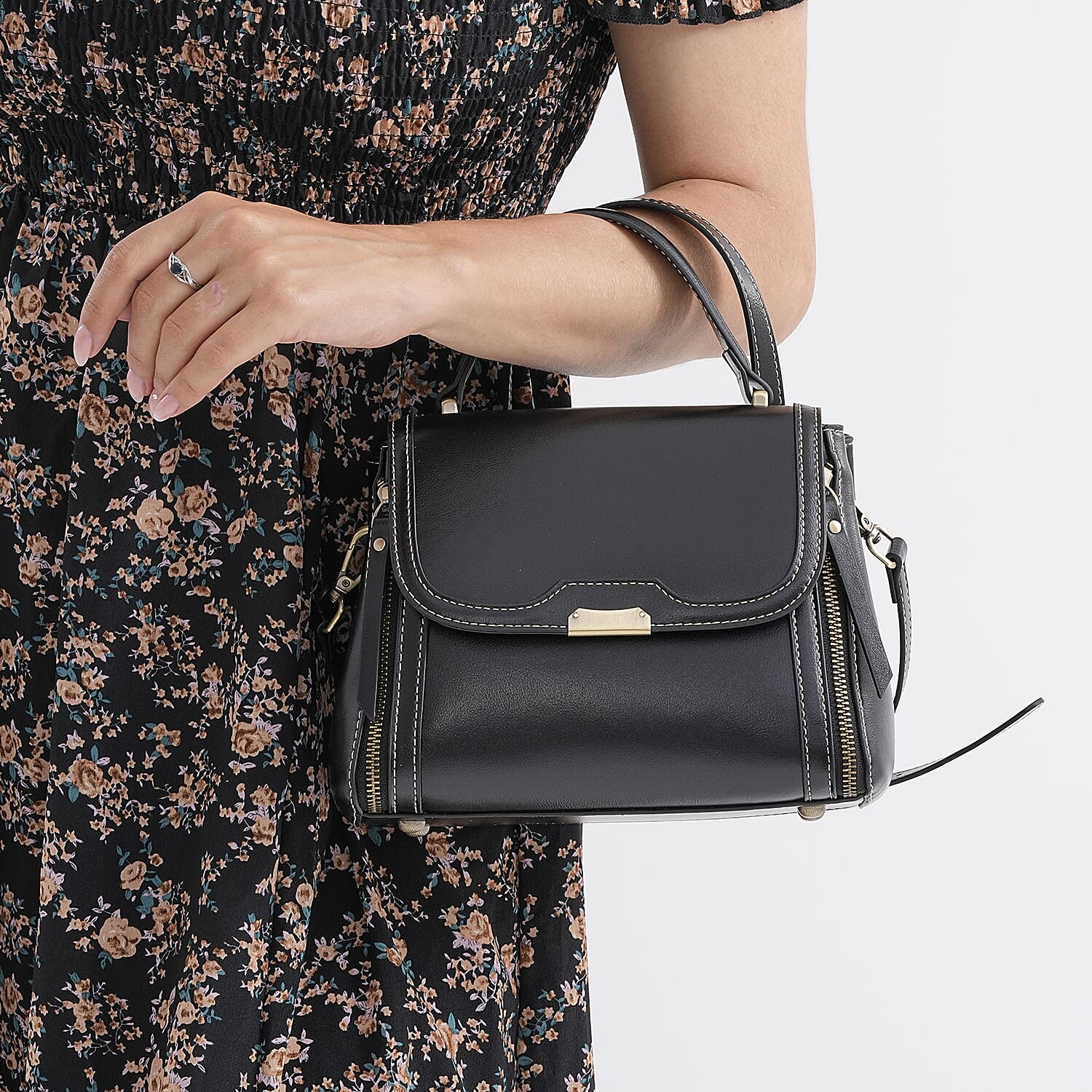 Genuine Leather Top Handle Satchel Bag with Adjustable Long Shoulder Straps - Black
