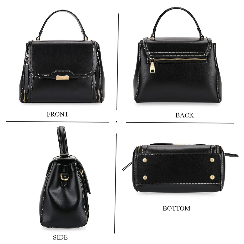 Genuine Leather Top Handle Satchel Bag with Adjustable Long Shoulder Straps - Black