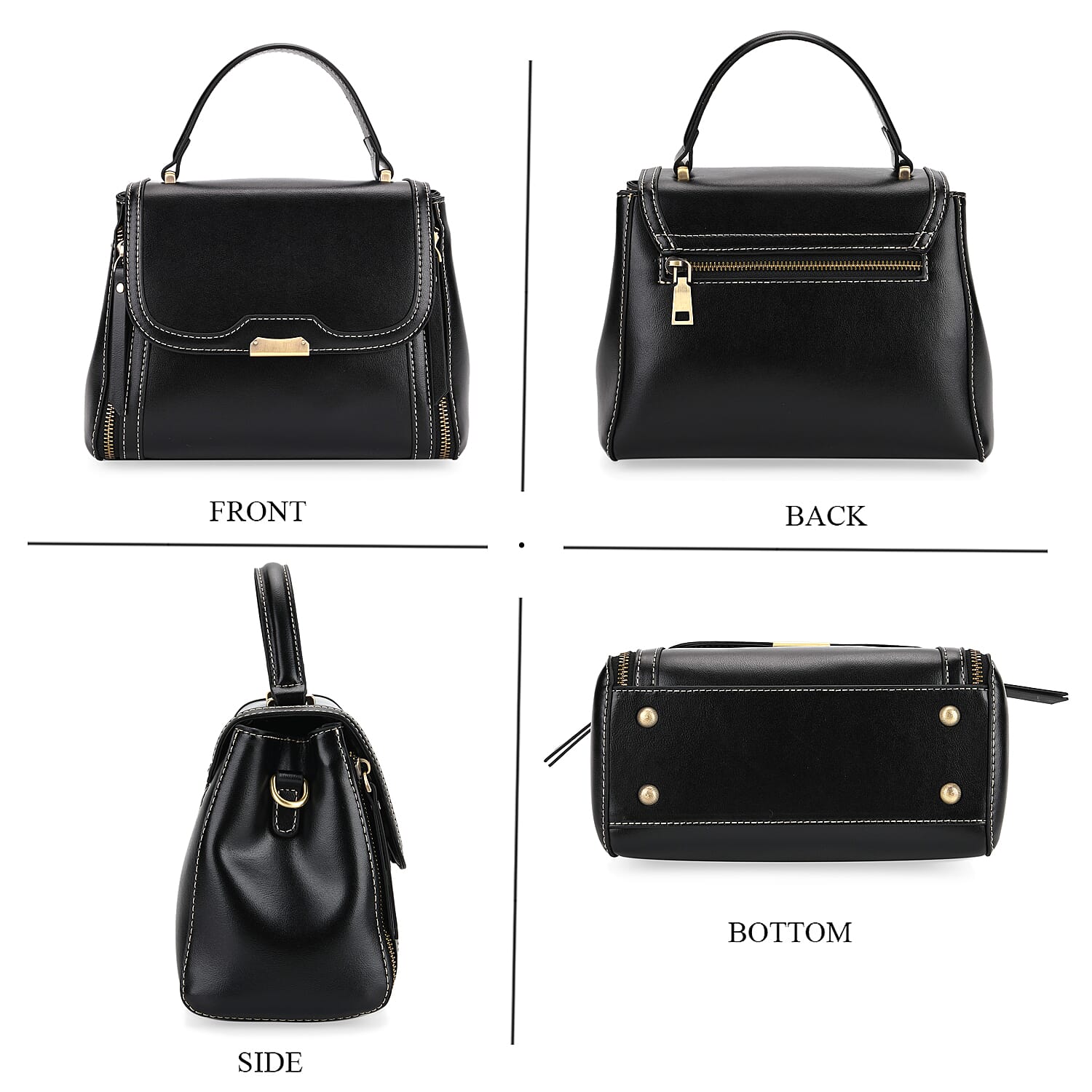 Genuine Leather Top Handle Satchel Bag with Adjustable Long Shoulder Straps - Black