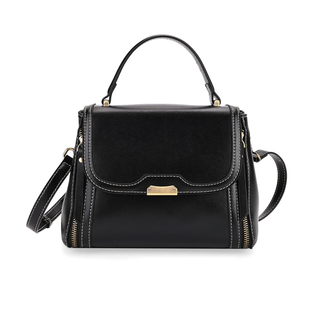 Genuine Leather Top Handle Satchel Bag with Adjustable Long Shoulder Straps - Black