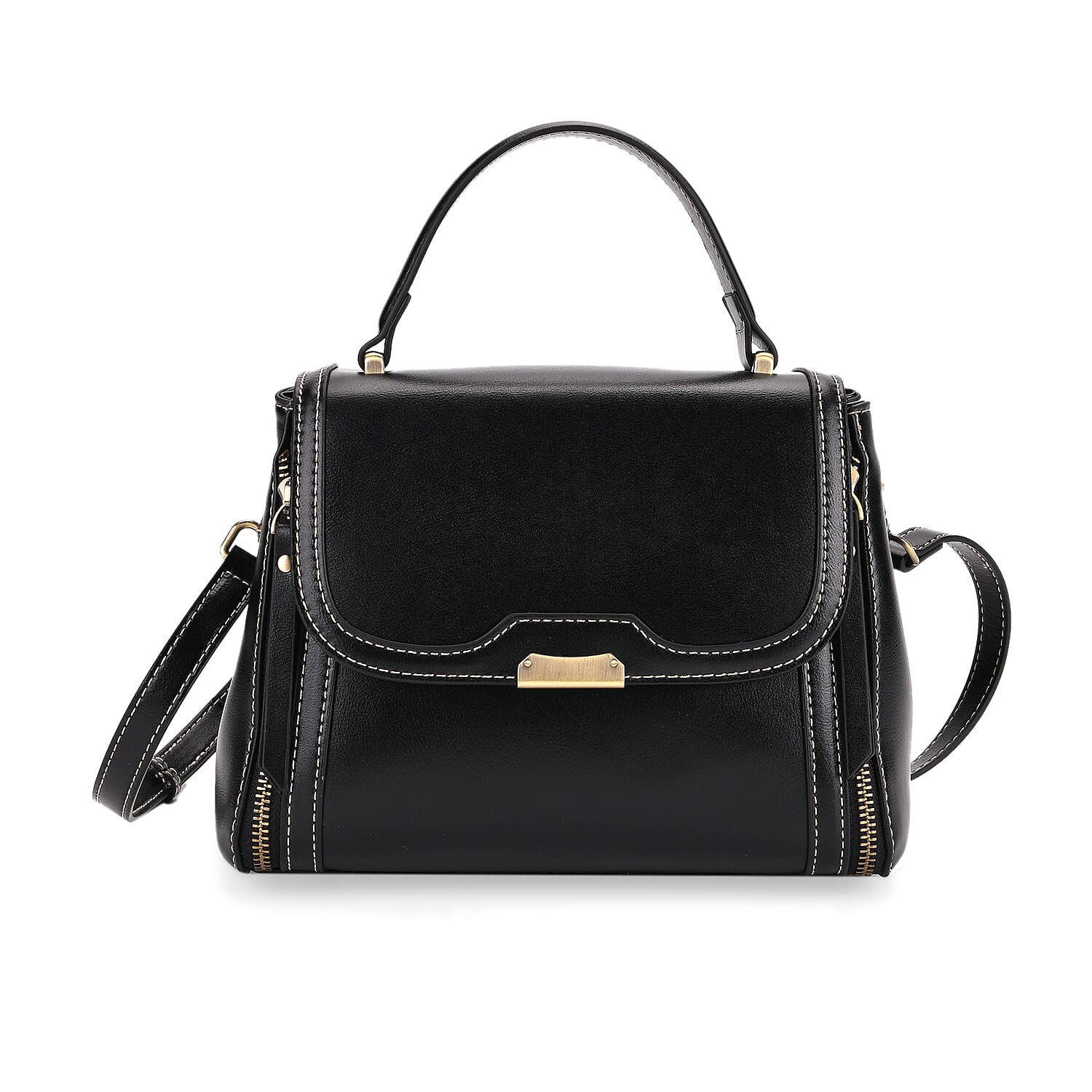 Genuine Leather Top Handle Satchel Bag with Adjustable Long Shoulder Straps - Black