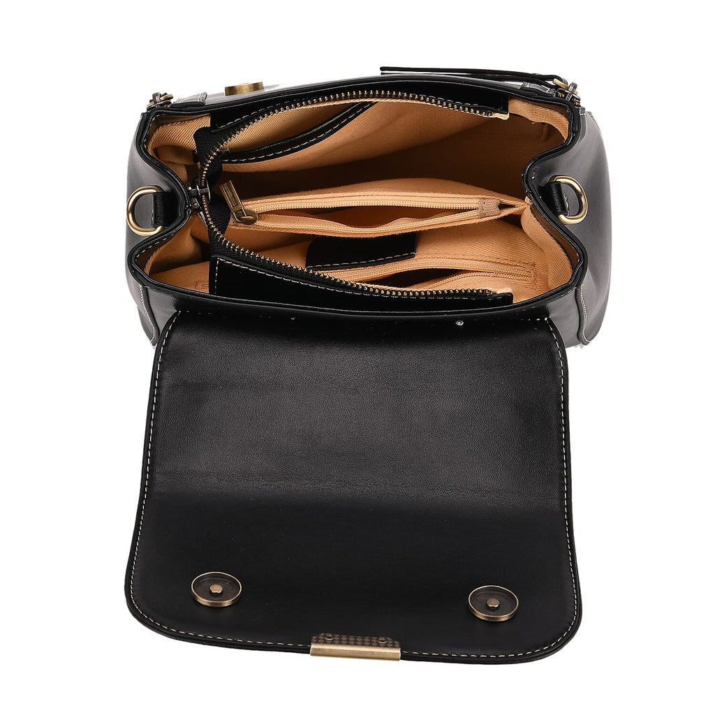Genuine Leather Top Handle Satchel Bag with Adjustable Long Shoulder Straps - Black