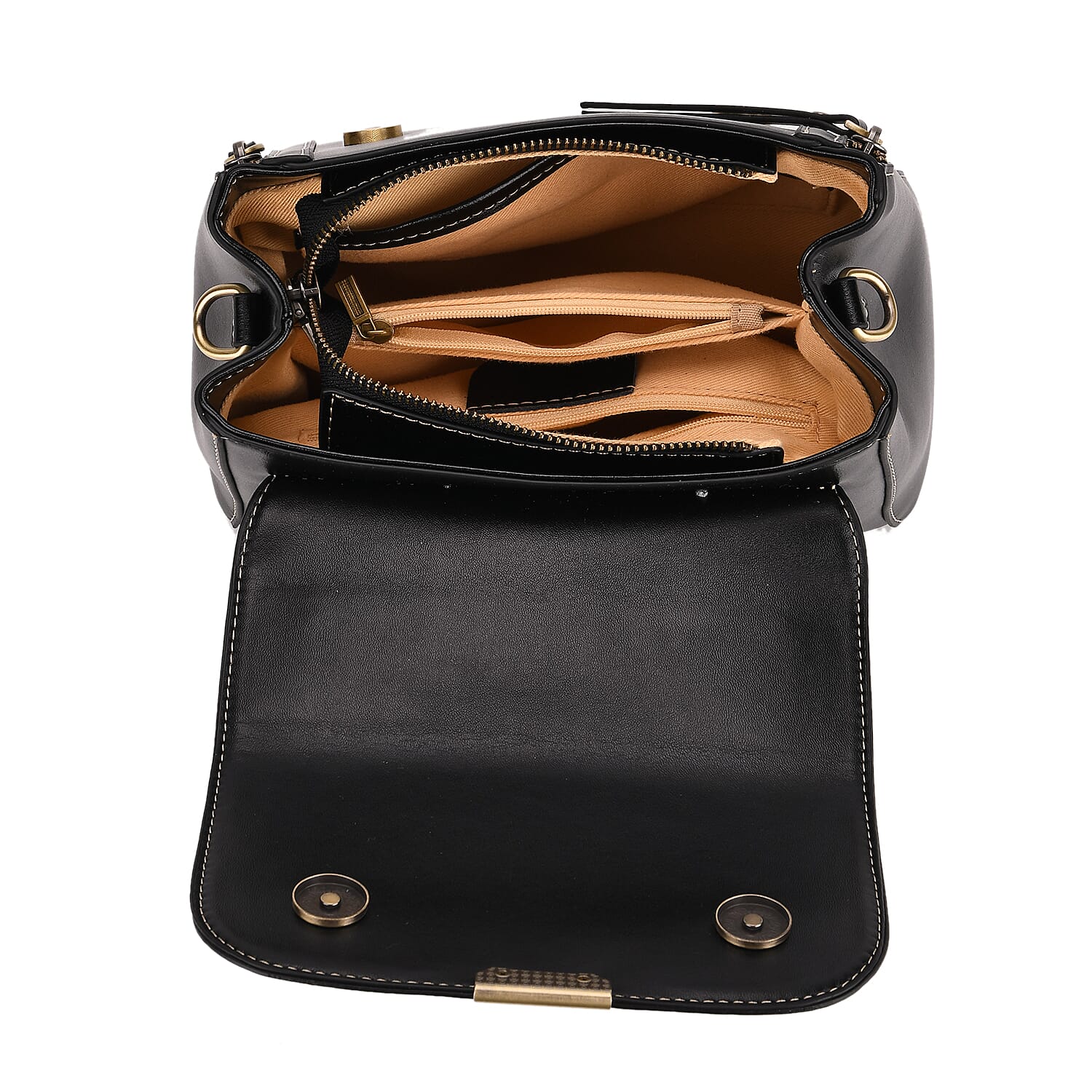 Genuine Leather Top Handle Satchel Bag with Adjustable Long Shoulder Straps - Black