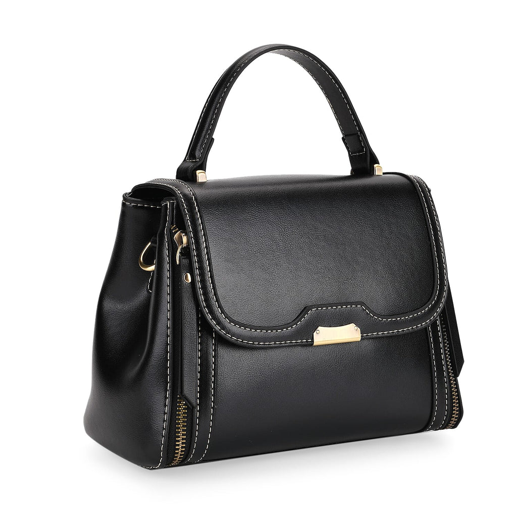 Genuine Leather Top Handle Satchel Bag with Adjustable Long Shoulder Straps - Black