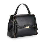 Genuine Leather Top Handle Satchel Bag with Adjustable Long Shoulder Straps - Black