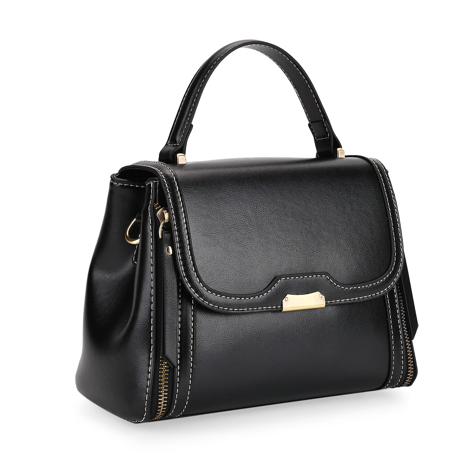 Genuine Leather Top Handle Satchel Bag with Adjustable Long Shoulder Straps - Black