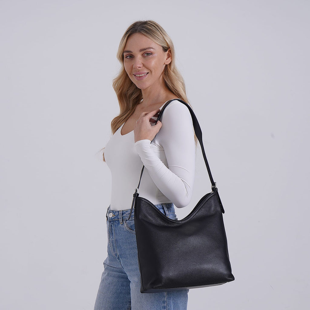 Hongkong Closeout Deal - 100% Genuine Leather Litchi Embossed Crossbody Bag - Black