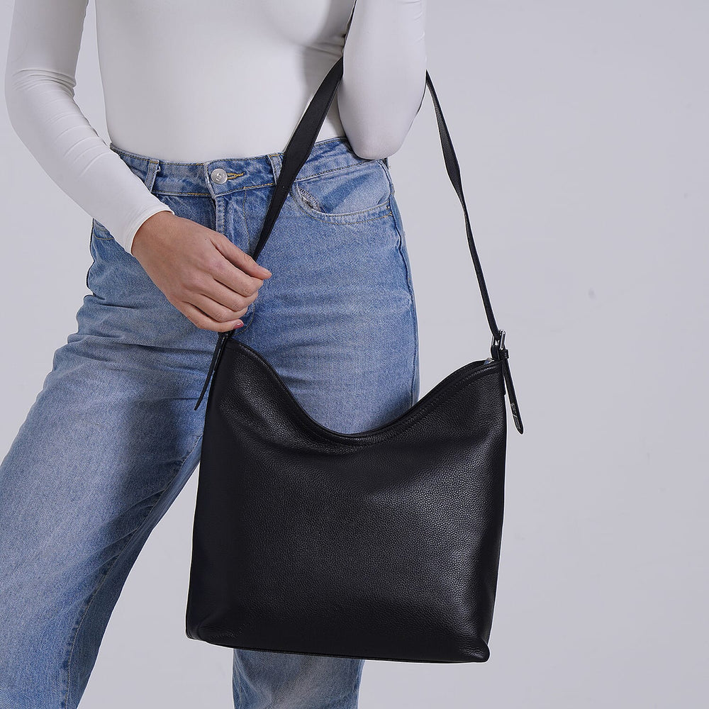 Hongkong Closeout Deal - 100% Genuine Leather Litchi Embossed Crossbody Bag - Black