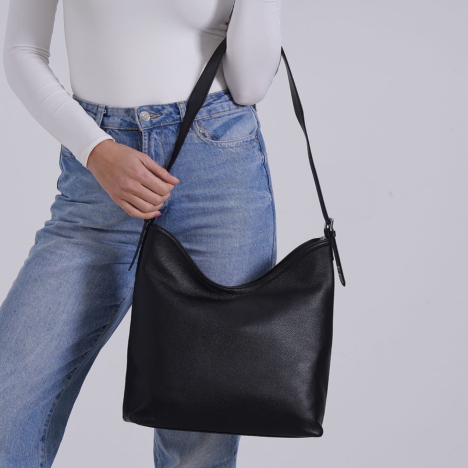 Hongkong Closeout Deal - 100% Genuine Leather Litchi Embossed Crossbody Bag - Black